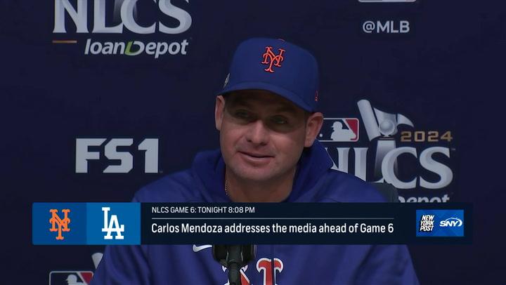 Carlos Mendoza addresses media on Game 6 vs Dodgers, discussing Mets' pitching strategy.