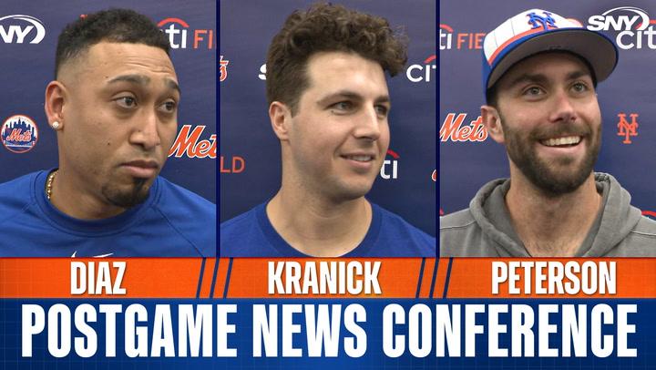 Postgame news conference with Edwin Diaz, Max Kranick, and David Peterson discussing Mets' win.