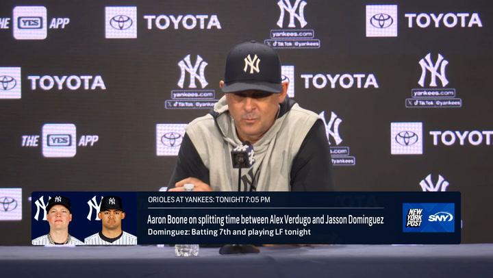 Yankees manager Aaron Boone discusses plans to split time between Jasson Dominguez and Alex Verdugo.