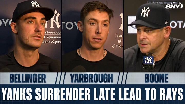 Yankees' Boone, Bellinger, Yarbrough discuss 3-2 loss to Rays; Littell praised for tough pitching.