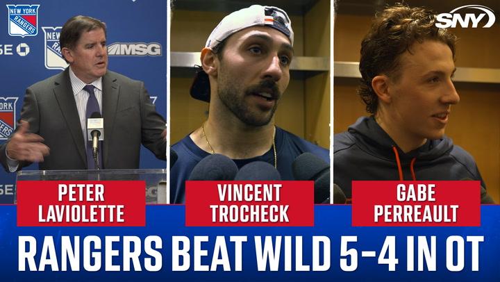Peter Laviolette, Vincent Trocheck, and Gabe Perreault discuss Rangers' OT win over Wild.