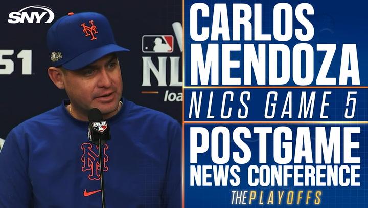 Carlos Mendoza discusses Mets' at-bats success in NLCS Game 5, avoiding strikeouts.