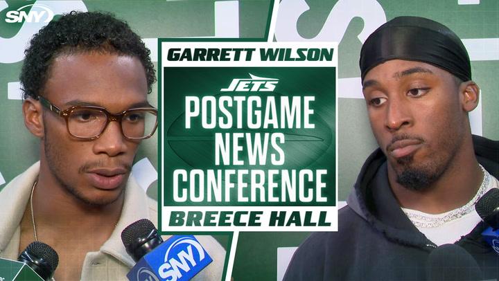 Garrett Wilson discusses chemistry with Rodgers, while Breece Hall talks Jets' running game struggles.