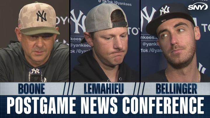 Postgame conference with Boone, LeMahieu, and Bellinger after 3-2 Yankees loss to Mets.