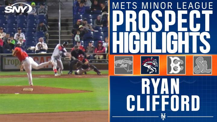 Image from SNY showcasing "Mets Minor League Prospect Highlights" with Ryan Clifford featured. Clifford hits his 17th home run, contributing to Binghamton's 4-3 victory over Portland.