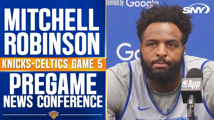Mitchell Robinson at Knicks-Celtics Game 5 pregame, discussing playoff evolution strategy.
