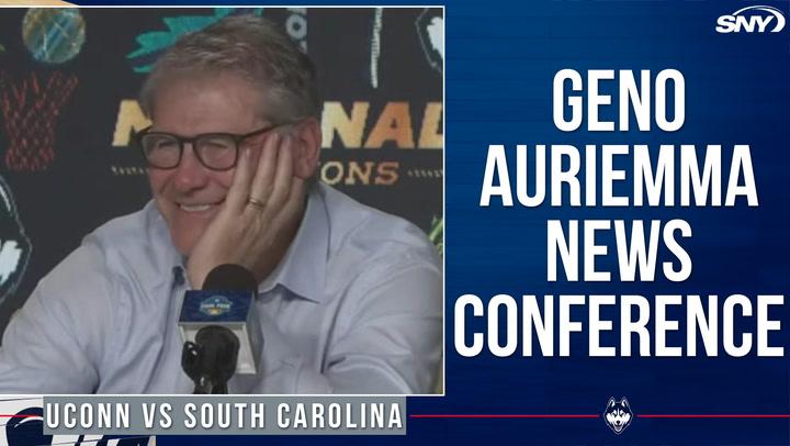 Geno Auriemma smiles at a press conference after UConn's 82-59 win over South Carolina.