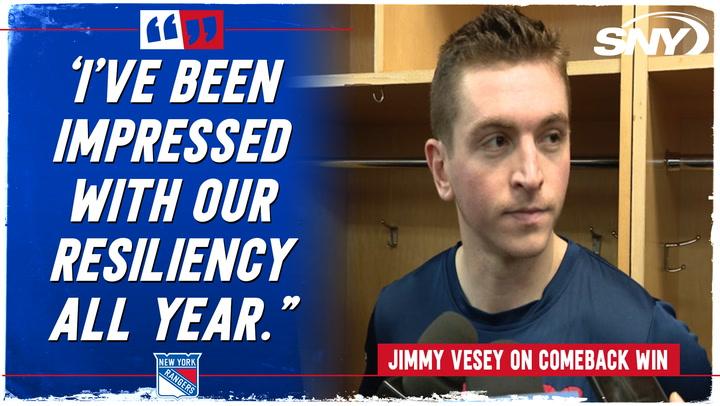 Jimmy Vesey comments on Rangers' 'resiliency' after 5-3 comeback win over Devils