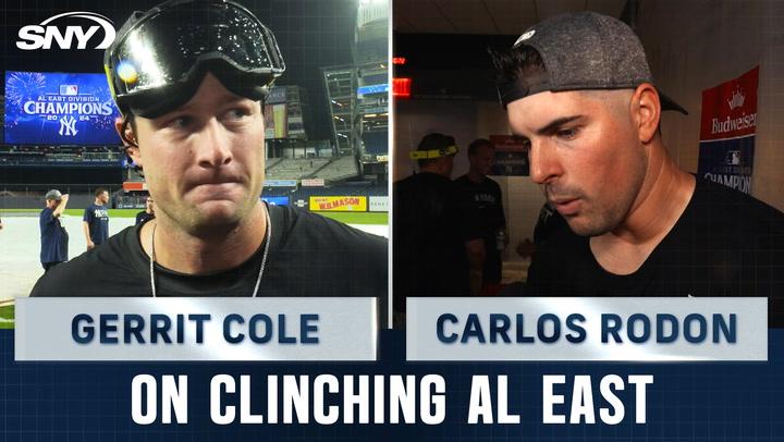 Gerrit Cole and Carlos Rodon discuss the Yankees clinching the AL East with SNY’s Michelle Margaux.