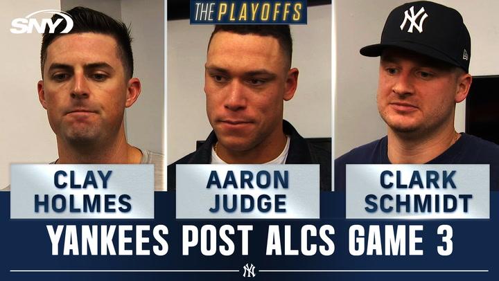 Yankees' Aaron Judge, Clark Schmidt, and Clay Holmes discuss tough ALCS Game 3 loss.