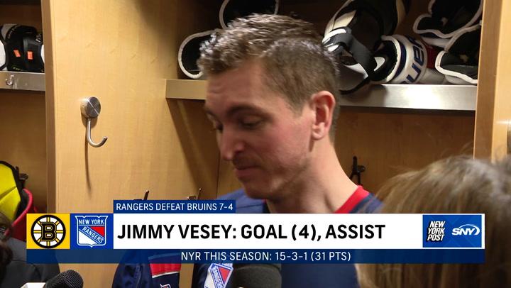 Jimmy Vesey, Jacob Trouba and Chris Kreider on the Rangers win