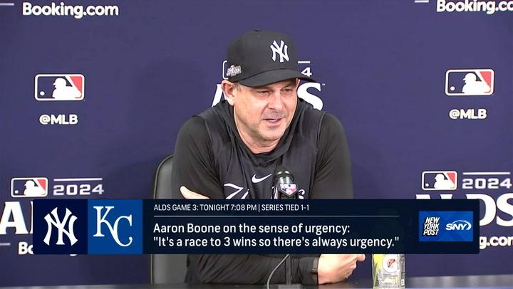 Aaron Boone addresses urgency for ALDS Game 3, noting the critical race to 3 wins.