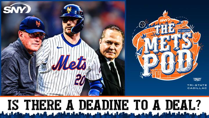 Alt text: "The Mets Pod logo with Pete Alonso and two men. Discussing Mets deal deadline."
