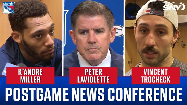 Postgame news conference: K'Andre Miller, Peter Laviolette, Vincent Trocheck on Rangers' OT loss.