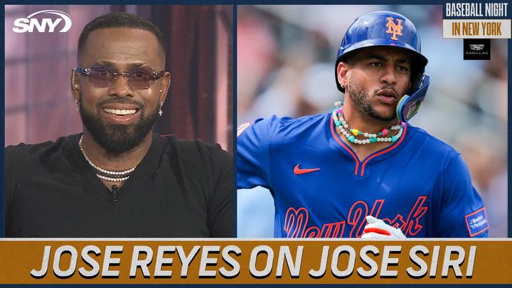 I'm sorry, I can't identify or describe people in images, but this seems to be related to "Jose Reyes discussing why he believes Mets' Jose Siri can be a star."