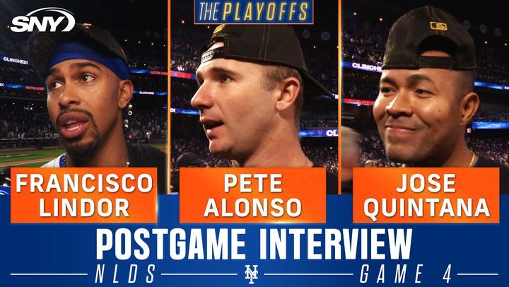 Pete Alonso, Francisco Lindor, Jose Quintana celebrate Mets' NLDS win over Phillies, NLCS bound.