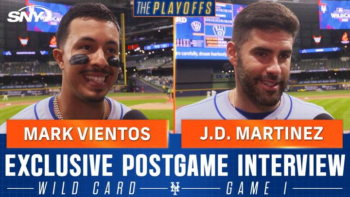 Mark Vientos and J.D. Martinez in a postgame interview discussing the Mets' playoff win over the Brewers.