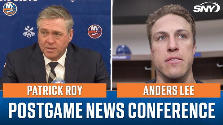 Patrick Roy and Anders Lee discuss the Islanders' 3-2 win over Winnipeg at a news conference.