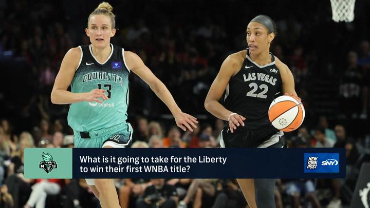 Liberty player dribbles past Aces in Game 4, advancing to Finals seeking first WNBA title.