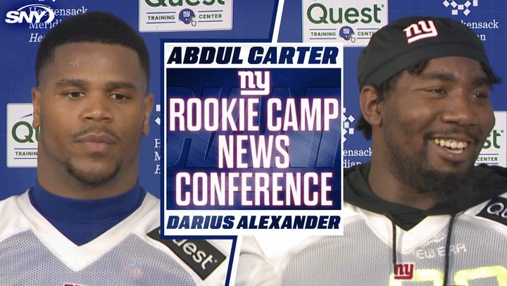 New York Giants rookies Abdul Carter and Darius Alexander at rookie camp press conference.