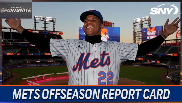 John Harper evaluates Mets offseason moves on SportsNite. Mets player in jersey celebrates.