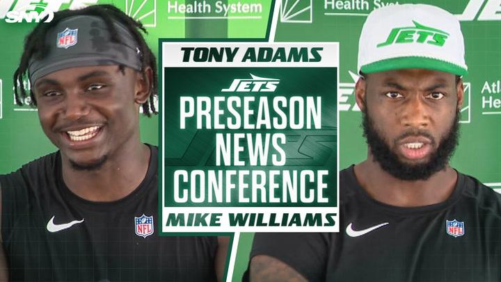 New York Jets safety Tony Adams and WR Mike Williams speak at the preseason news conference.