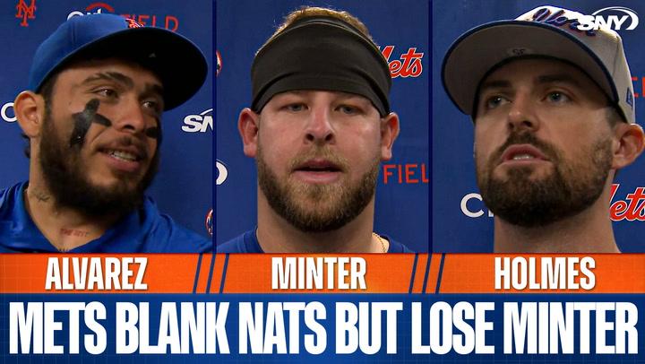 Three Mets players discuss their 2-0 win in rainy D.C.; Minter injured, Alvarez excels.
