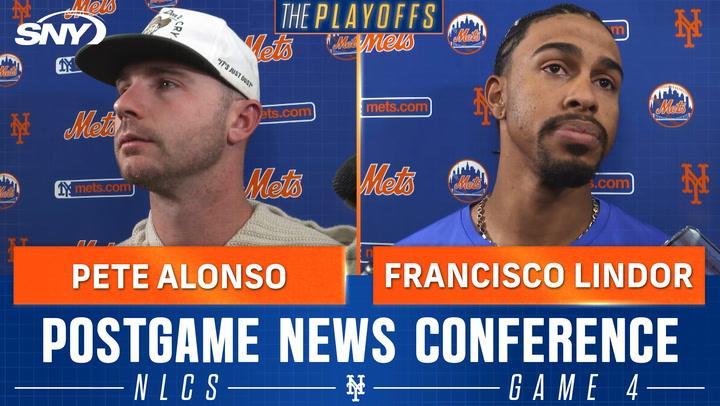 Pete Alonso and Francisco Lindor at Mets postgame conference discussing NLCS Game 5 strategies.