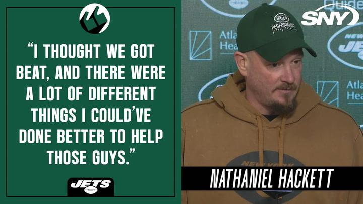 Nathaniel Hackett discusses the Jets' offensive woes and his appreciation for Aaron Rodgers' support