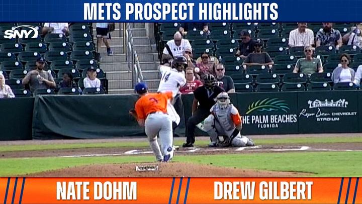 Alt text: "Mets Prospect Highlights with Nate Dohm and Drew Gilbert shown. Dohm delivers a pitch during a game on 5/3/25, showcasing his skill with 6 strikeouts in 5.1 innings."