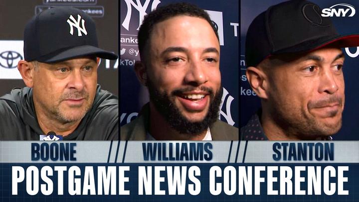 Aaron Boone, Devin Williams and Giancarlo Stanton react to Yankees trade deadline deals, beating the Rays 