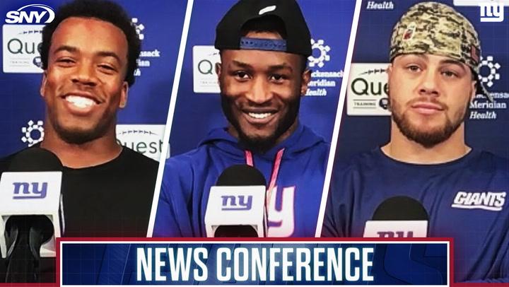 Jevon Holland, Tyler Nubin, and Theo Johnson at Giants' news conference discussing team vibes.