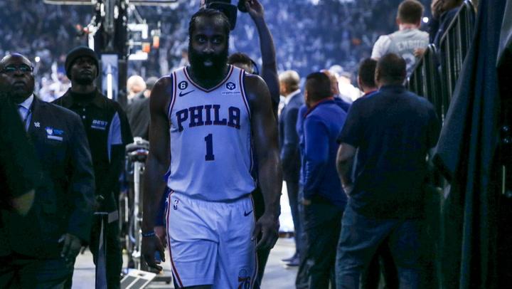 James Harden reacts to his ejection from Game 3 of the Nets-76ers series