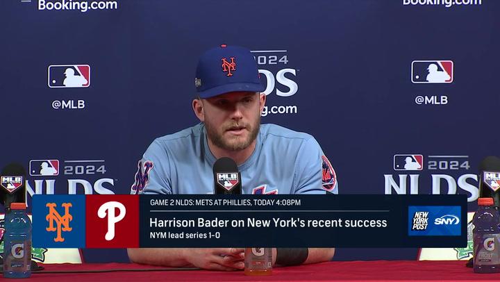 Harrison Bader discusses Carlos Mendoza's style and Mets' momentum at a press conference.