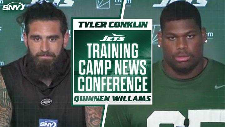 Jets' Quinnen Williams and Tyler Conklin at the Training Camp News Conference discussing joint practices.