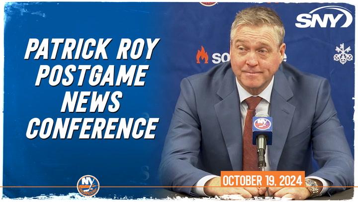 Patrick Roy at the postgame news conference, pleased with the Islanders' shootout win.