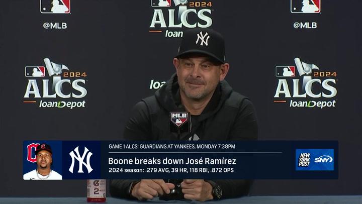 Aaron Boone discusses Game 1 ALCS vs Guardians, highlighting José Ramírez and choosing Rodon.