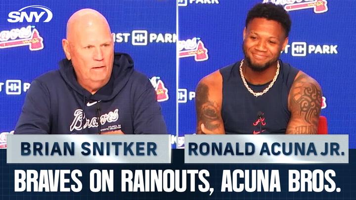 Split image of Braves manager Brian Snitker and outfielder Ronald Acuna Jr. discussing rainouts.