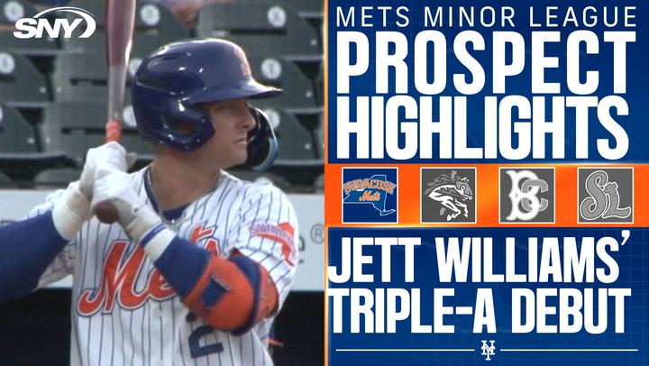 Image featuring Mets top prospect Jett Williams batting in his Triple-A debut, where he went 1-for-4.