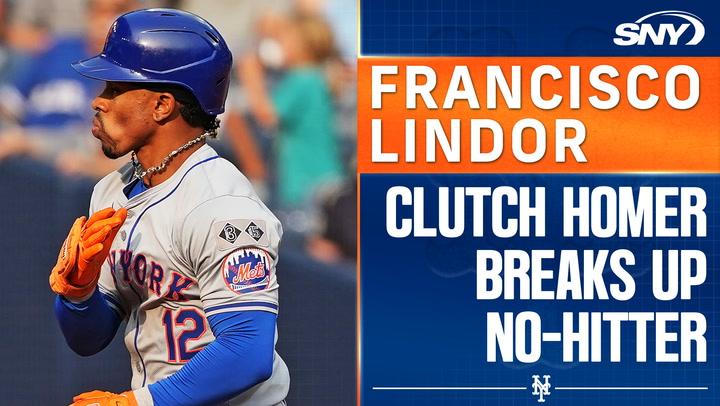 SNY graphic features Francisco Lindor and text about his clutch homer that broke up a no-hitter.