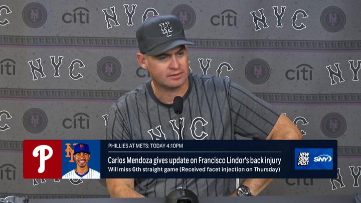 Carlos Mendoza updates on Francisco Lindor's back injury, mentions Kodai Senga and Paul Blackburn.