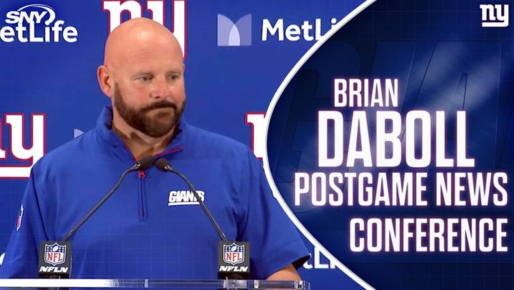 Brian Daboll at postgame conference discusses Giants' 28-3 loss, benching Daniel Jones.