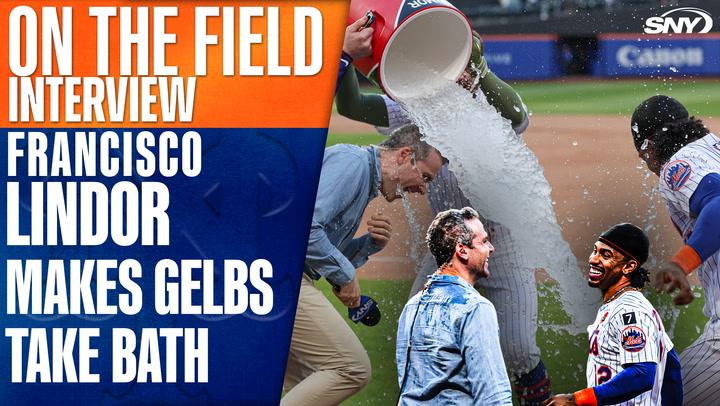 Francisco Lindor dodges Gatorade bath after Mets walk-off win, Steve Gelbs gets soaked instead