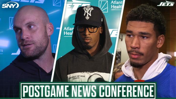 Breece Hall, Allen Lazard, and Greg Zuerlein reflect on the Jets' 10-9 loss to Denver at the postgame conference.