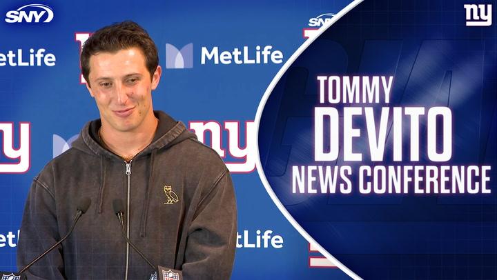 Tommy DeVito addresses the media, savoring his second NFL season at a news conference post-Giants preseason opener.