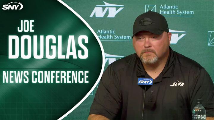 Joe Douglas addresses Haason Reddick negotiations during a New York Jets news conference.