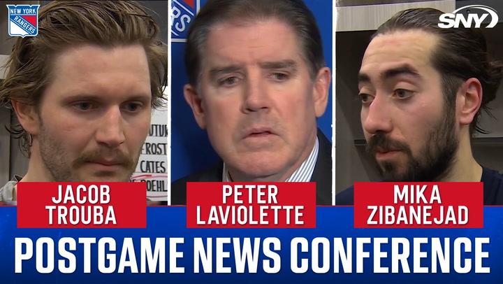 Jacob Trouba, Peter Laviolette, and Mika Zibanejad discuss Rangers' 3-1 loss to Flyers.