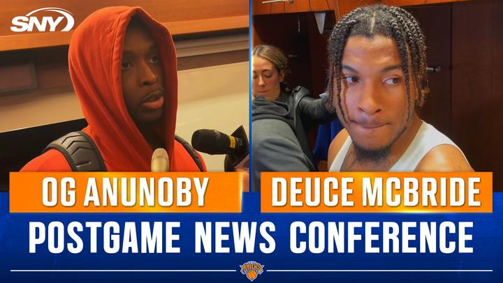 OG Anunoby and Deuce McBride discuss the Knicks' victory over Celtics at a postgame conference.
