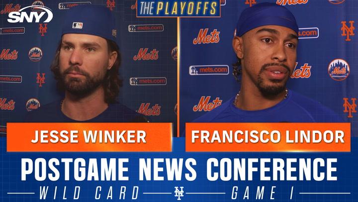 Jesse Winker and Francisco Lindor discuss Mets' Game 1 Wild Card series win over Brewers in a postgame news conference.