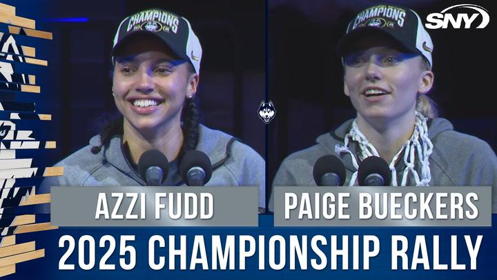 Paige Bueckers and Azzi Fudd speak to the crowd at UConn's 2025 Championship Rally.